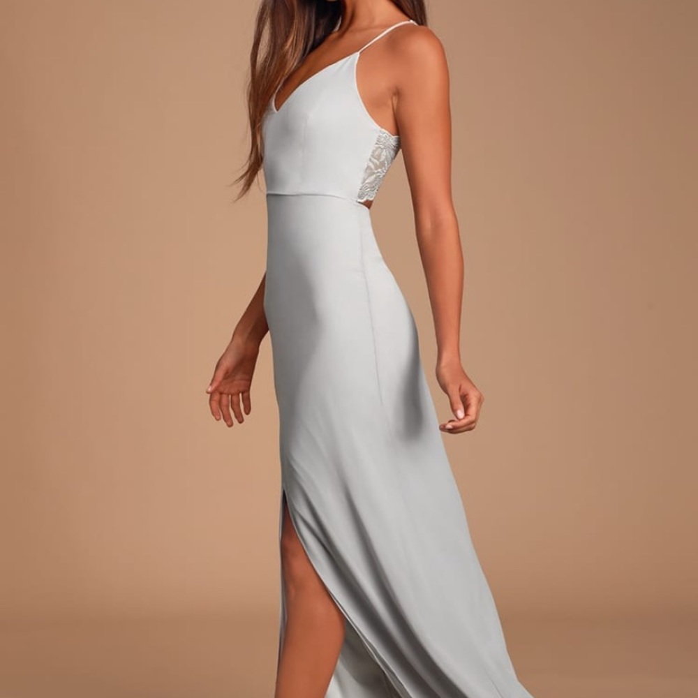 Lulu’s Story of a Starry Night Grey Backless Lace Maxi Dress